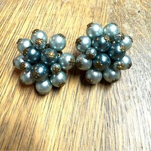 VTG Pearl Cluster Earrings, Blue-Gray, 1950’s, Wedding, Bridal, Formal, Party